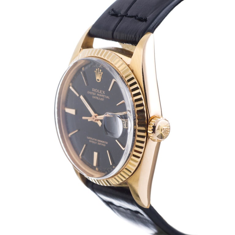 Mint condition 18k Rose gold Rolex Datejust wristwatch, circa 1966, with a glossy black lacquer 'Stella