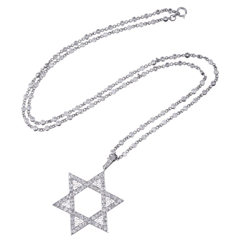 Platinum Diamond Star of David with Old European Cut Diamond Chain In Excellent Condition In Carmel-by-the-Sea, CA