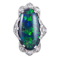Magnificent Art Deco Black Opal Platinum Plaque Ring 10