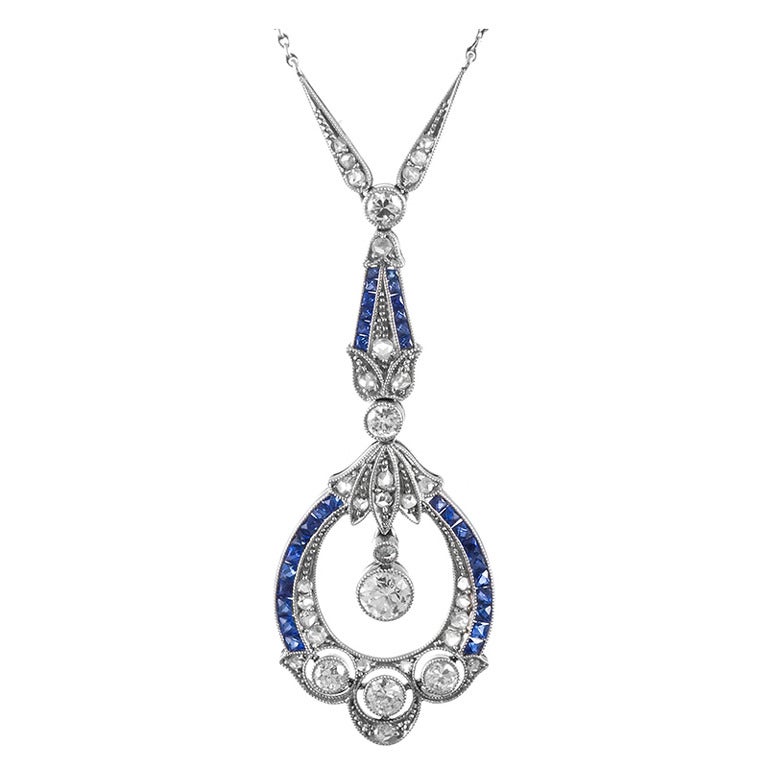 Fine Art Deco Diamond & Sapphire Pendant in Original Presentation Case