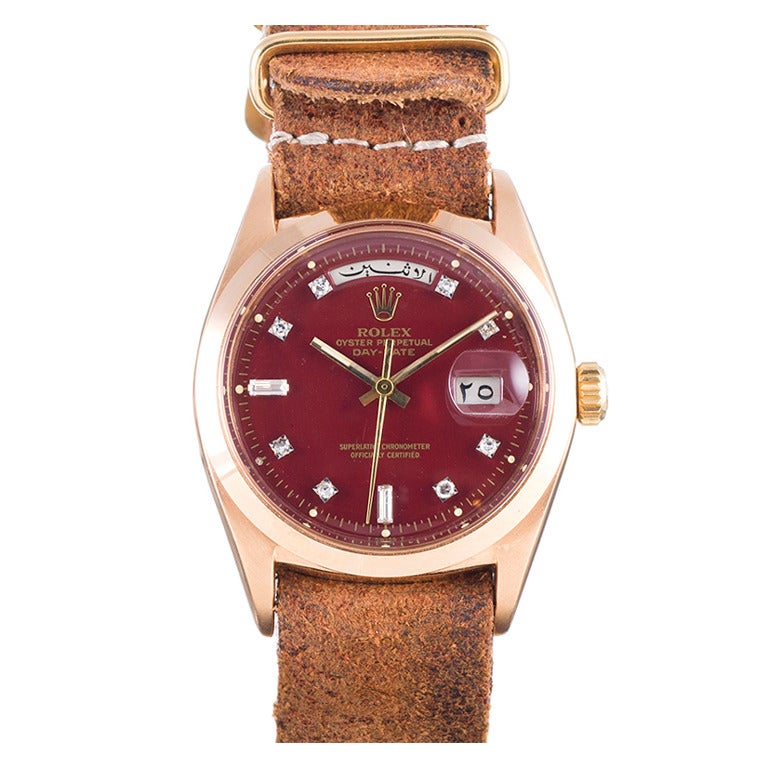 Rolex Rare Rose Gold Arabic Diamond Oxblood Stella Dial Day-Date Wristwatch