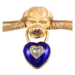 Antique Victorian Bracelet with Enamel Heart Locket and Retriever Dog Head