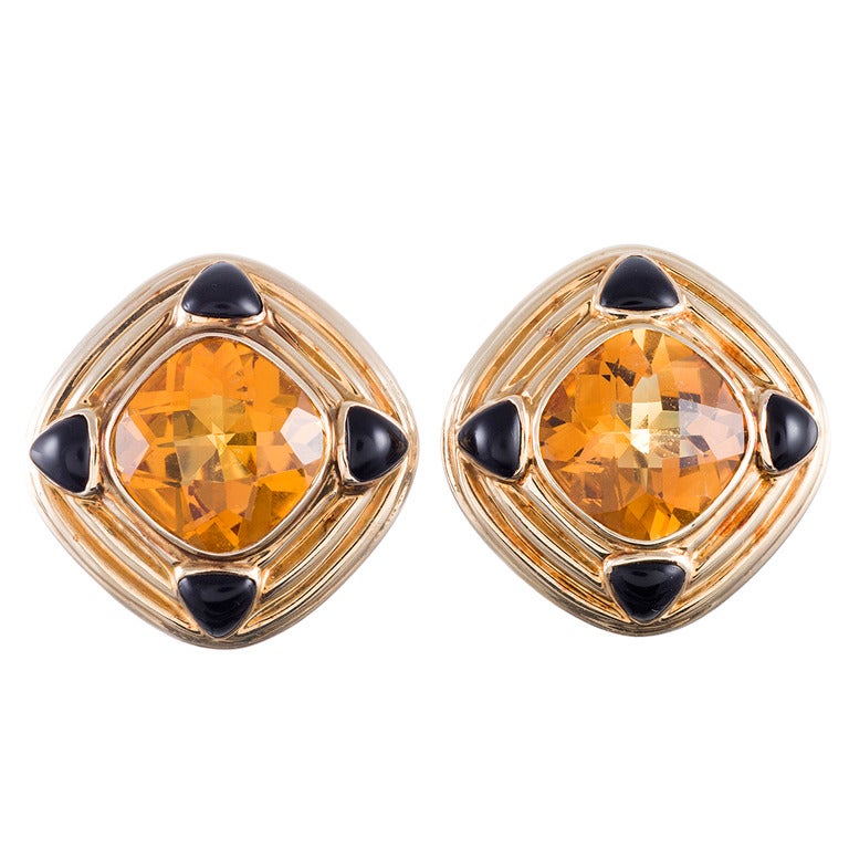 Sophisticated 1980s Citrine Onyx Earclips For Sale