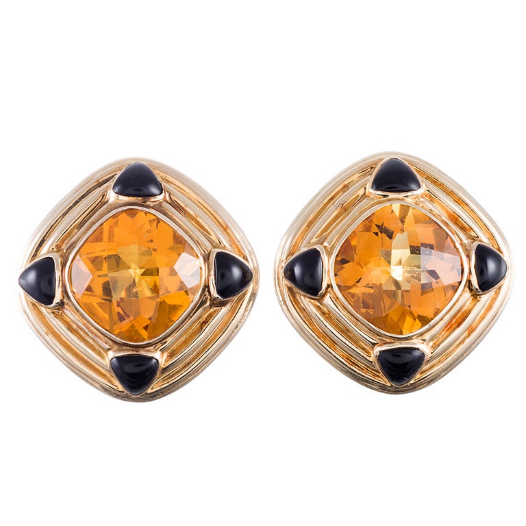 Boucles d'oreilles sophistiquées en onyx, citrine et onyx, années 1980