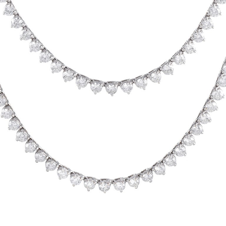 18k white gold strand of brilliant round diamond, 30.70 carats in total H-I color, Si1 clarity. The necklace measures 34 inches in overall length. Wear it long, wear it doubled, wear it daily and nightly… 

Make it yours and it will become your