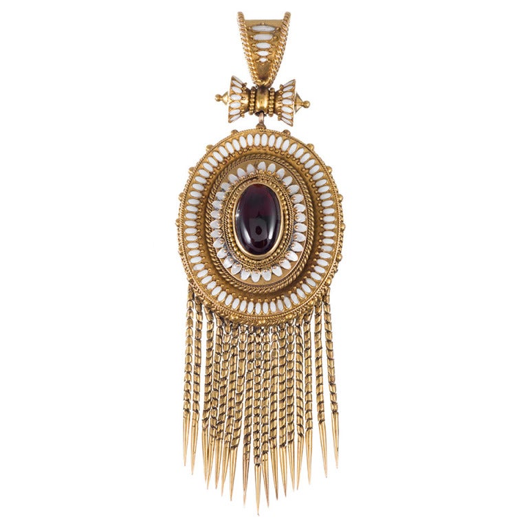 Large Victorian Bearded Pendant with Cabochon Garnet and Enamel