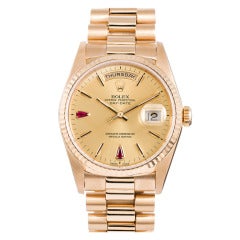 Rolex Yellow Gold Day-Date Wristwatch with Rare Pear-Shaped Ruby Index Dial circa 1990s