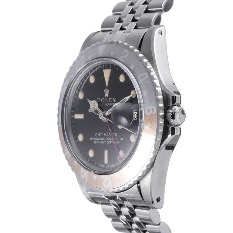 Rolex Stainless Steel Gilt-Dial GMT-Master Wristwatch with Mini 24-Hour Hand circa 1960s