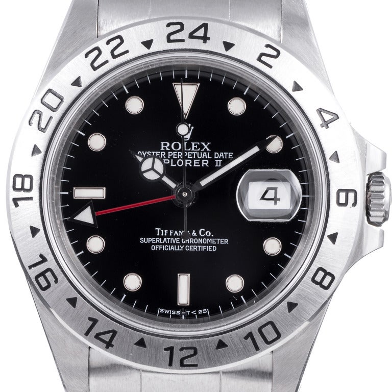 Rolex stainless steel Explorer II wristwatch, Ref. 16570, originally purchased at Tiffany & Co. Collectors love these co-branded Rolex watches. This watch was acquired from the original owner, who guarded it in excellent condition. 40mm