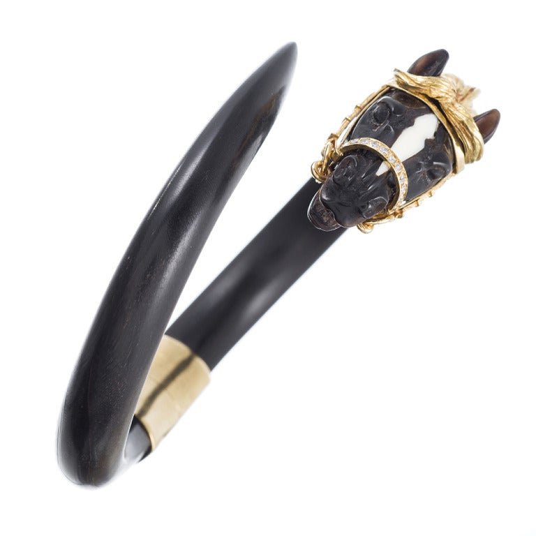 French Ebony Bangle Bracelet with Golden Horse Motif In Excellent Condition In Carmel-by-the-Sea, CA