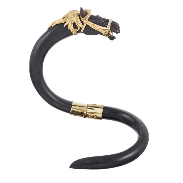 Women's French Ebony Bangle Bracelet with Golden Horse Motif