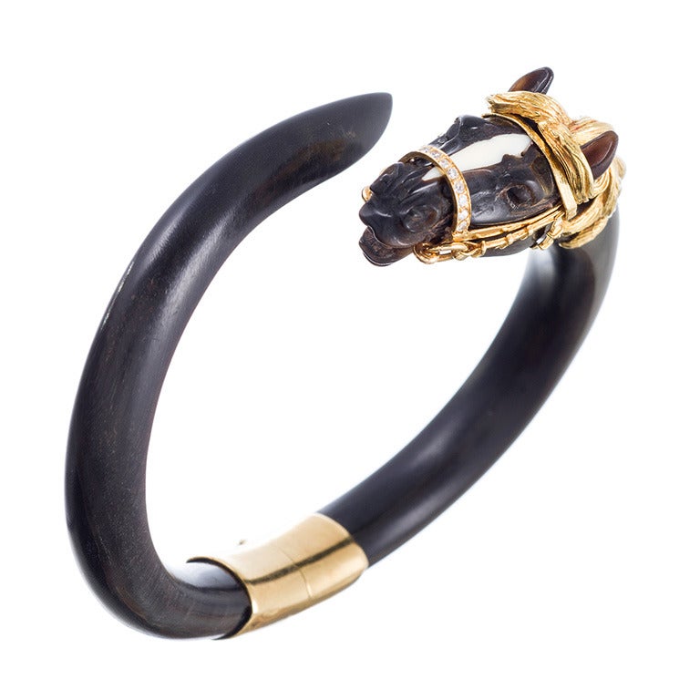 French Ebony Bangle Bracelet with Golden Horse Motif