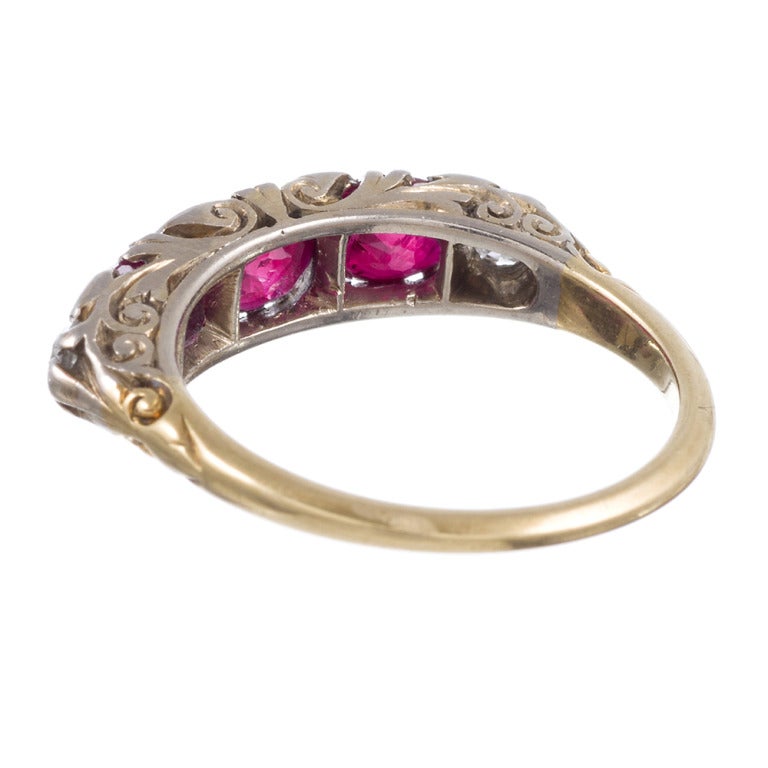 Antique Ruby Diamond Gold Platinum Carved Ring For Sale at 1stdibs