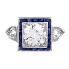 Art Deco 1.60 Ct Diamond Ring with Sapphire Trim