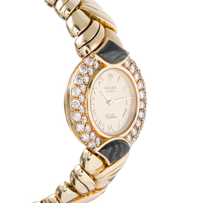 Rolex Damenuhr mit Armband aus Gelbgold, Diamanten und Onyx Cellini ca. 1980er Jahre im Zustand „Hervorragend“ in Carmel-by-the-Sea, CA