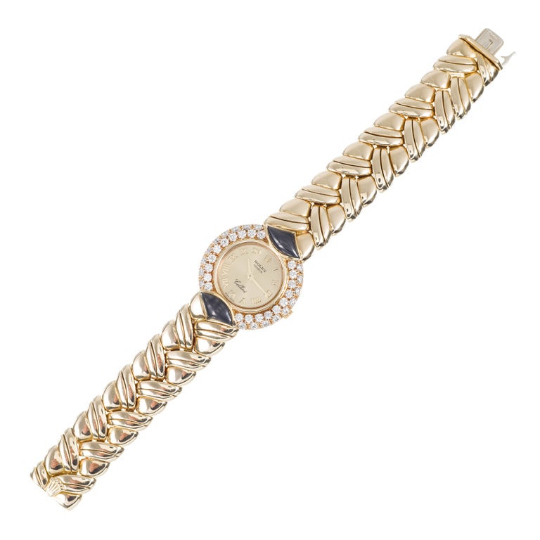 Rolex Damenuhr mit Armband aus Gelbgold, Diamanten und Onyx Cellini ca. 1980er Jahre 2