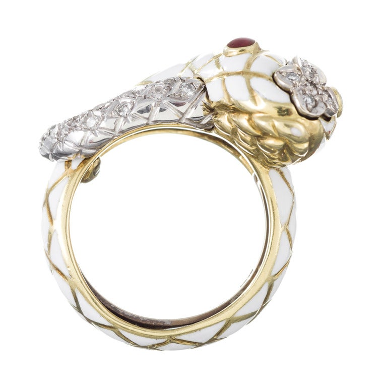 Women's David Webb White Enamel Ruby Yellow Gold Snake Ring