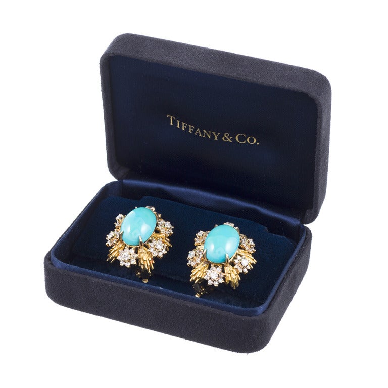 Tiffany & Co. Turquoise Earrings with Diamonds In Excellent Condition In Carmel-by-the-Sea, CA