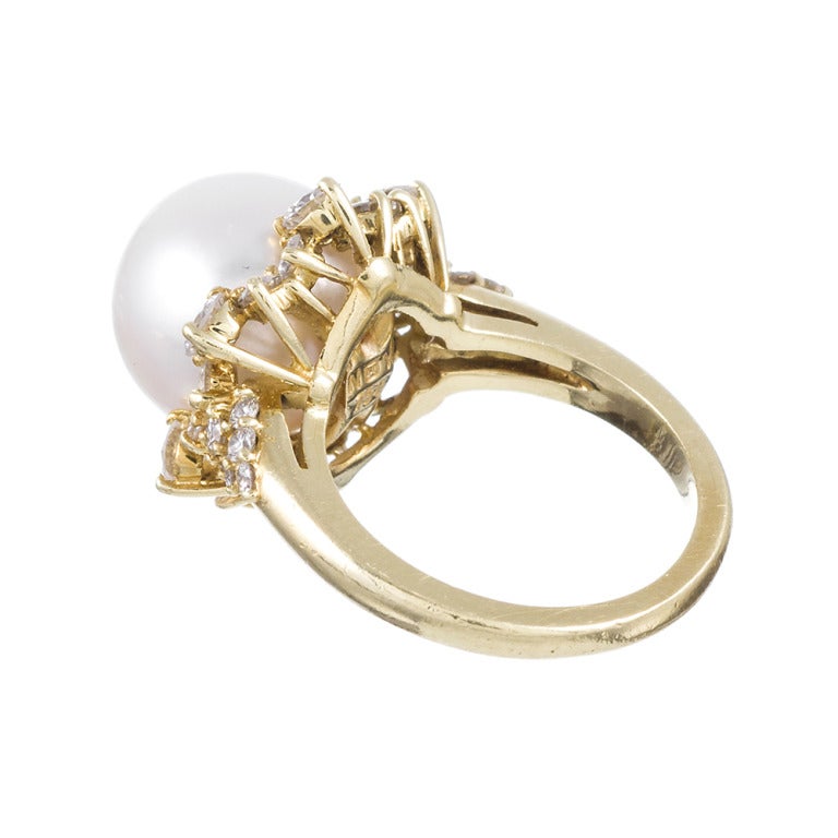 Classic Pearl Diamond Yellow Gold Cluster Ring In Excellent Condition In Carmel-by-the-Sea, CA