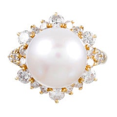 Classic Pearl Diamond Yellow Gold Cluster Ring