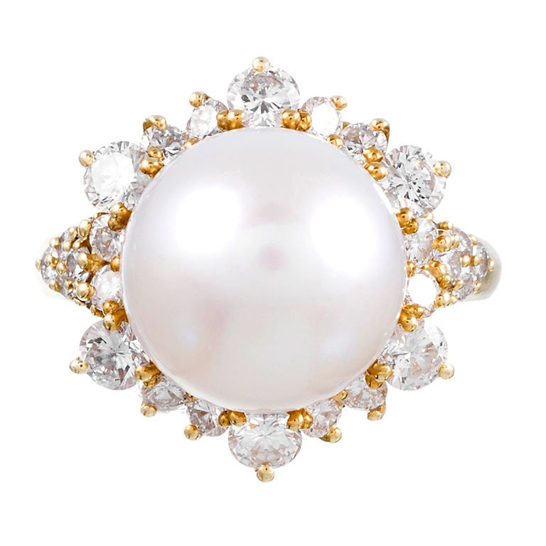 Classic Pearl Diamond Yellow Gold Cluster Ring at 1stdibs