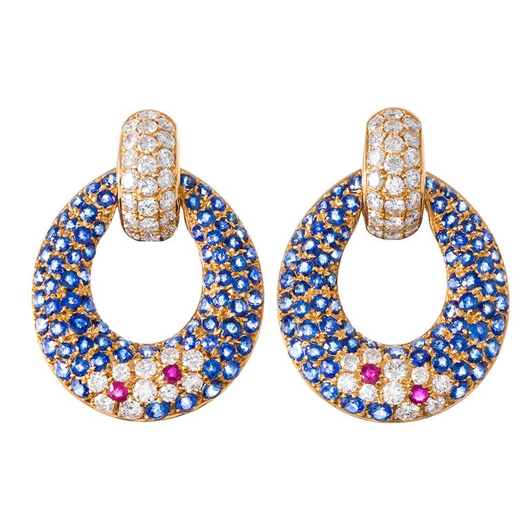 Contemporary Ruby Sapphire Diamond Drop Earrings