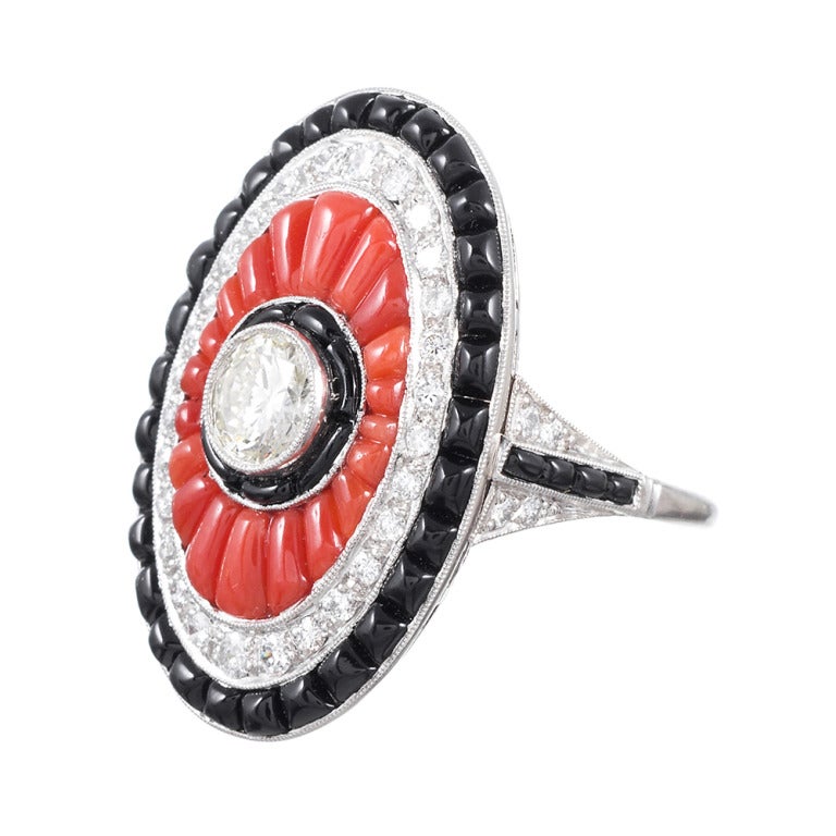 Coral Onyx Diamond Platinum Plaque Ring