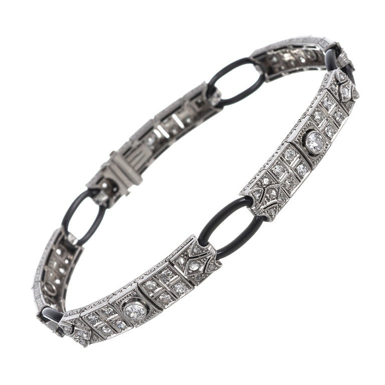 Art Deco Enamel Diamond Platinum Link Bracelet