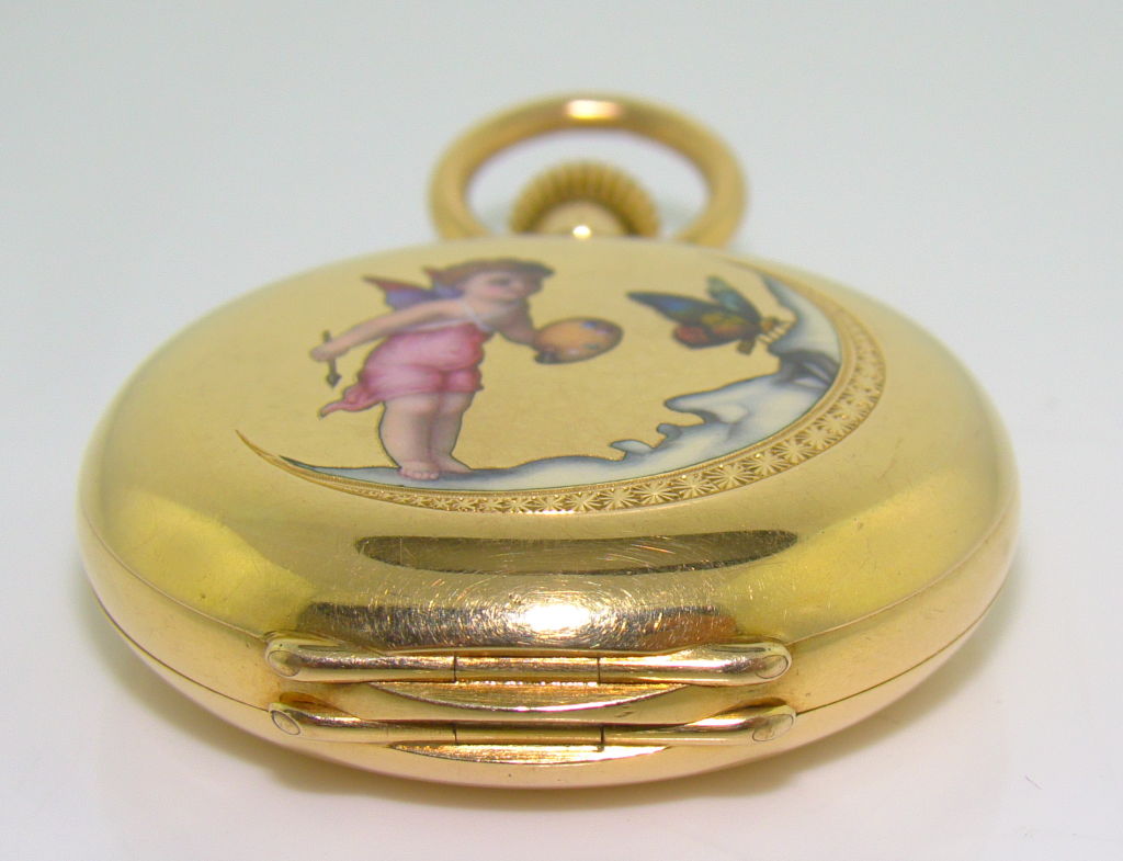 Fairy & Crecent Moon Hand-Painted Enamel 18K Yellow Gold Watch