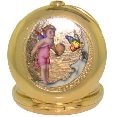 Antique Fairy & Crecent Moon Hand-Painted Enamel 18K Yellow Gold Watch