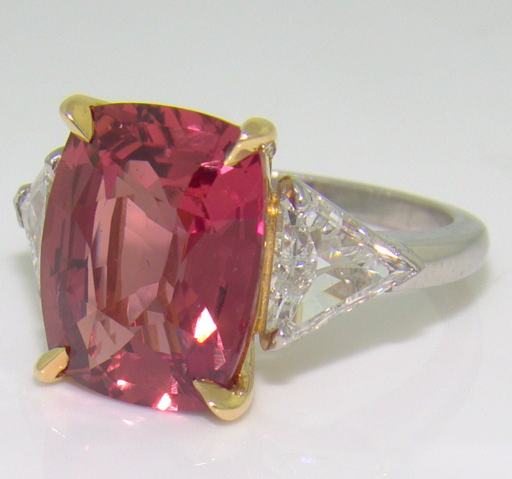 A Platinum, Padparadscha Pink-Orange-Red Sapphire & Diamond Ring - 7.08 carat NO HEAT Cushion-Cut Padparadscha Sapphire, 1.15 carats of Trillion-Cut Diamonds, Estate