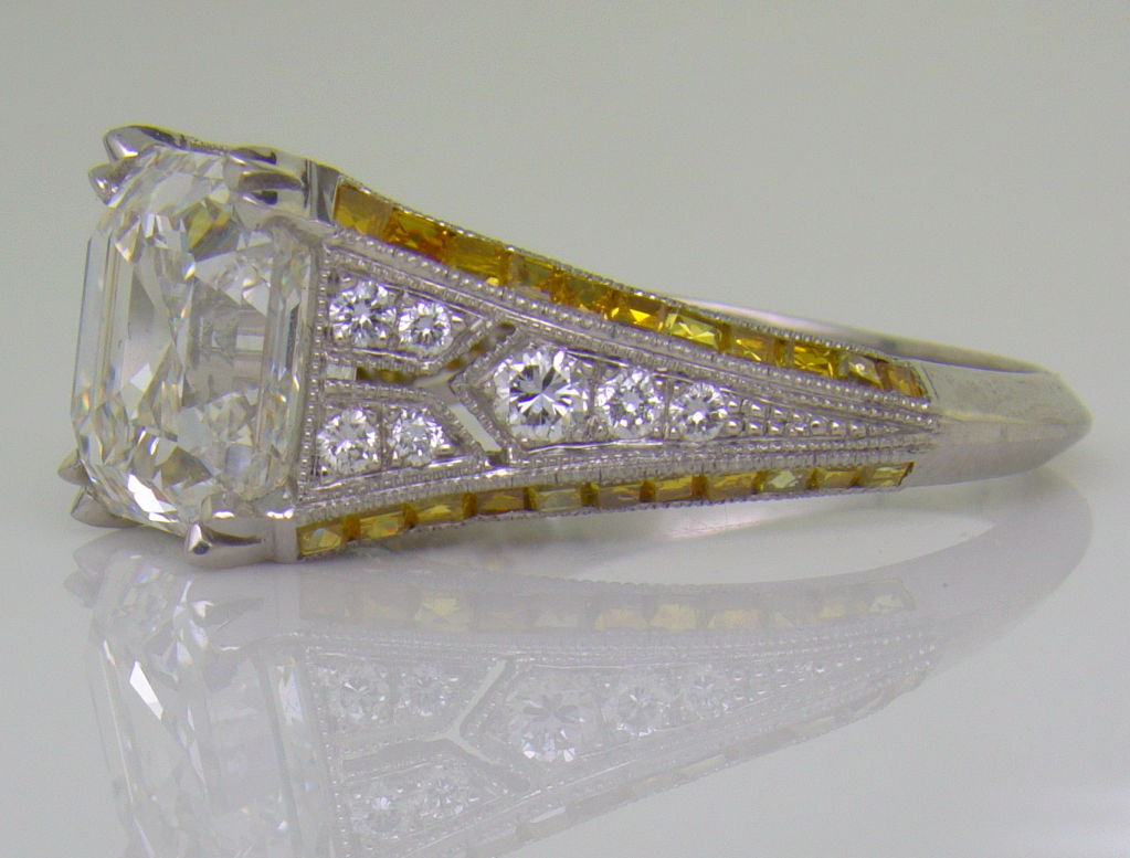 Women's Platinum, White Asscher Cut Diamond with Yellow Diamonds