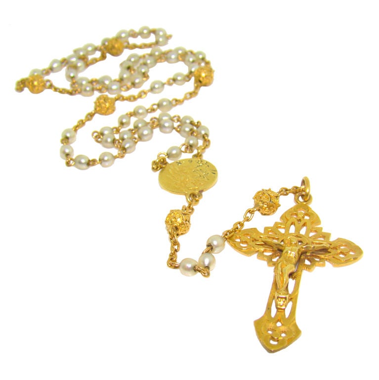 Very Fine Rosary in 22K Yellow Gold & Natural Pearl circa 1925