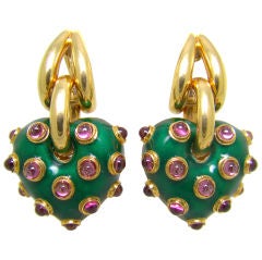 Vintage 18K Yellow Gold, Pink Tourmalin 
Enamel Clip-On Earrings