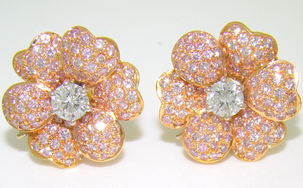 18K Yellow Gold, Pink Diamond & White Diamond Floral Earrings - Two White Diamonds weighing 0.60 carats, 3.00 carats Pink Diamond, Very Pretty and Stunning Floral Design, 3/4 inch diameter, Estate