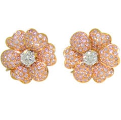 Pink Diamond & White Diamond Flower Earrings in 18K Yellow Gold