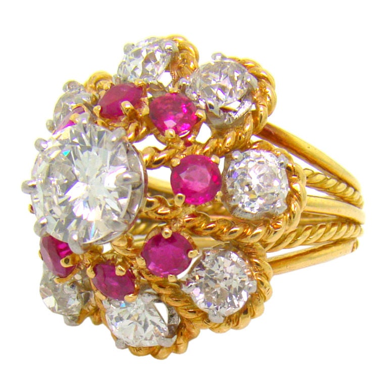 French Handmade 18K Yellow Gold, Diamond and Ruby Ring at 1stdibs