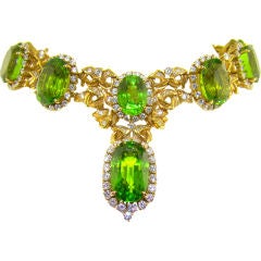 18K Yellow Gold, Diamond & Peridot Necklace & Earrings