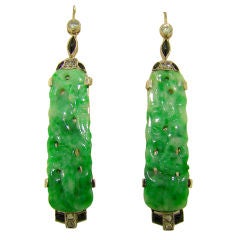 Original Art Deco 18K White Gold, Jade, Diamond 
Onyx Earrings