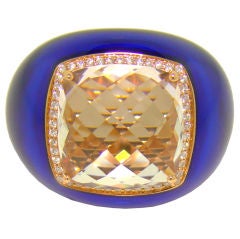 Vintage White Quartz, Diamond & Blue Transparent Enamel 18K Rose Gold