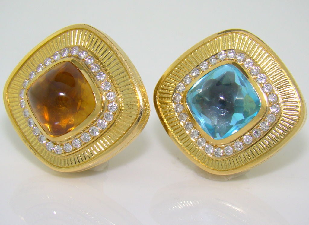 18K Yellow Gold, Citrine, Aquamarine & Diamond Earrings