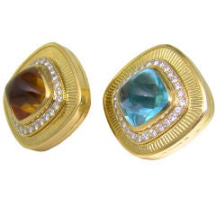 18K Yellow Gold, Citrine, Aquamarine & Diamond Earrings