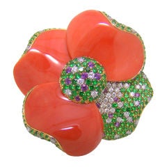 Tsavorite, Coral, Sappire, Diamond & 18K Yellow Gold Ring