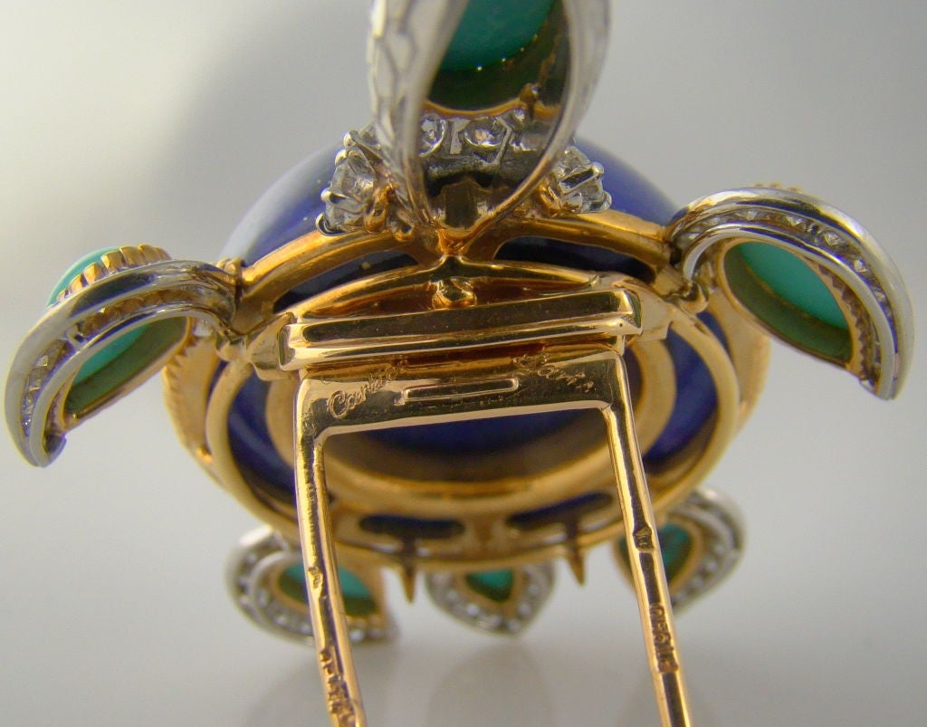 Cartier 18K Yellow Gold, Lapis, Turquoise & Diamond Tortoise Pin 3