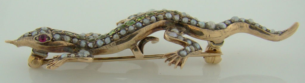 BAILEY, BANKS & BIDDLE Tsavorite, Pearl, Ruby  & 18K Gecko Pin