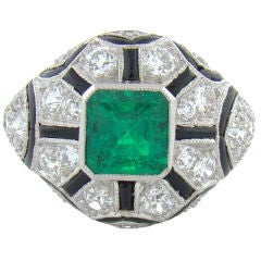 Antique Platinum, Emerald, Diamond 
Onyx Handmade Ring