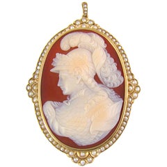 Large Victorian Cameo Pearl Gold Pendant Brooch