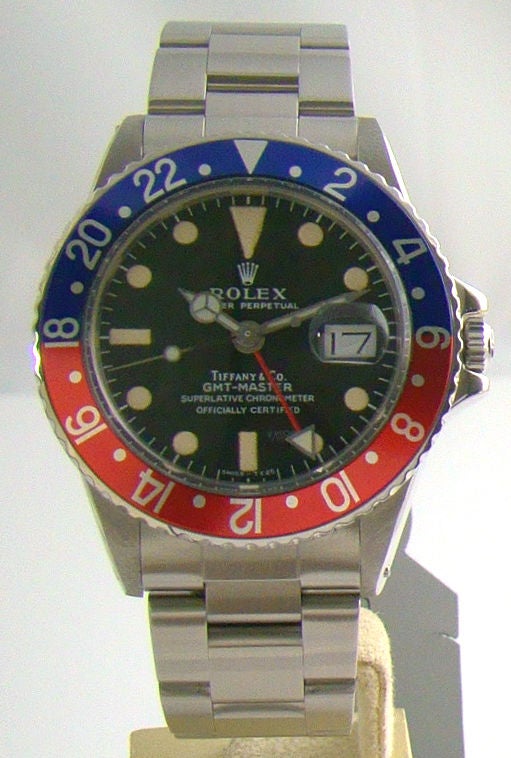 Tiffany & Co. Stainless Steel 1970's GMT 'Pepsi Dial' by Rolex - Ref. #1675, Excellent condition!, Rolex service papers, sold by Tiffany & Co. in 1970's
