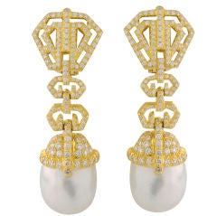 18K Yellow Gold, Baroque Natural Pearl & Diamond Earrings