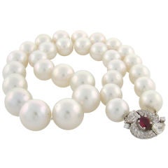 Large South Sea Pearl, Ruby, Diamond & Platinum 1950's Necklace